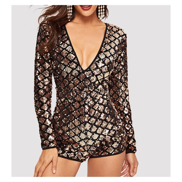 MBM Unlimited Pants - Gold Black Long Sleeve Geometric Sequin Romper